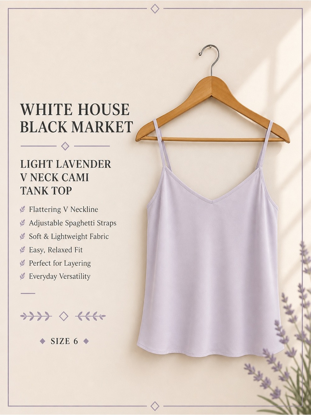White House Black Market Light Lavender V Neck Cami Tank Top Size 6